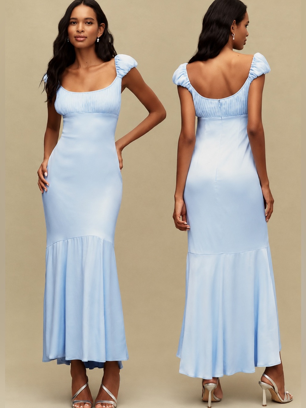 BHLDN Maya Cap-Sleeve Satin Maxi Dress Light Blue Formal Gown XL
